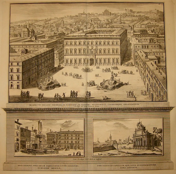 Halma Franciscus (1653-1722) Prospectus Palatii Farnesii in habitati ab oratore Regisgallie,locorumque adiacentium. Fons Saliens suprea aream Farnesianam s. Ducis parmensis, in regionae Arenulae. Fons Saliens et castellum Aquae Paulae ad S. Petrimontorii supra Janiculum 1696 Leida